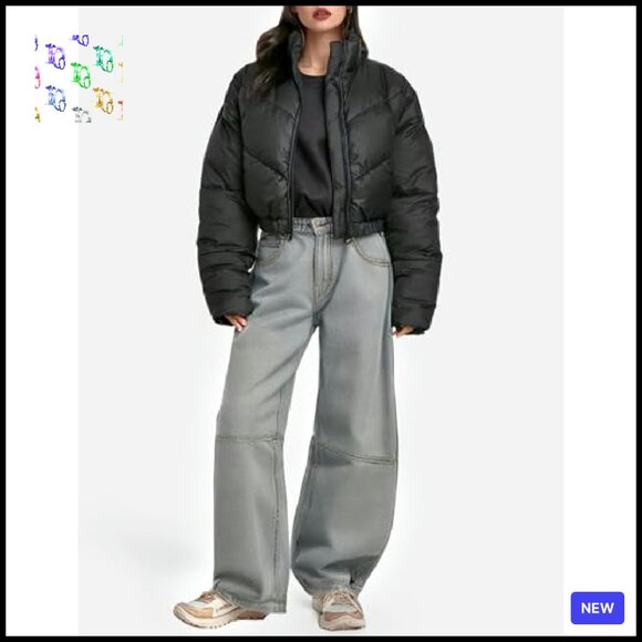 Cropped Puffer Jacket Winter Warm Quilted Zip Up Stand Collar Chic - Picture 6 of 7